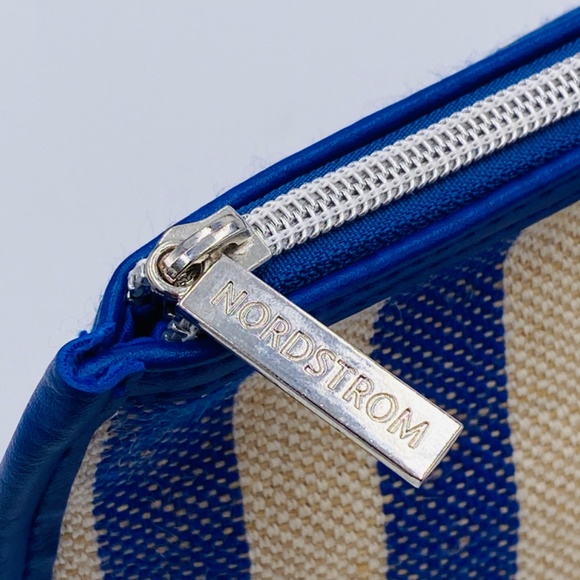 Nordstrom Linen Blue Tan Striped Clutch Zipper Closure Nautical Spring Summer - Picture 3 of 7